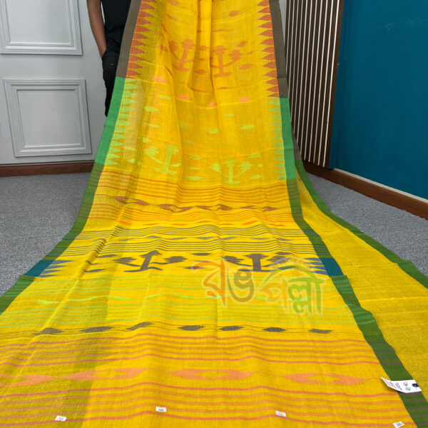 Yellow Color Monipuri Saree with Contrasting Green Patterns